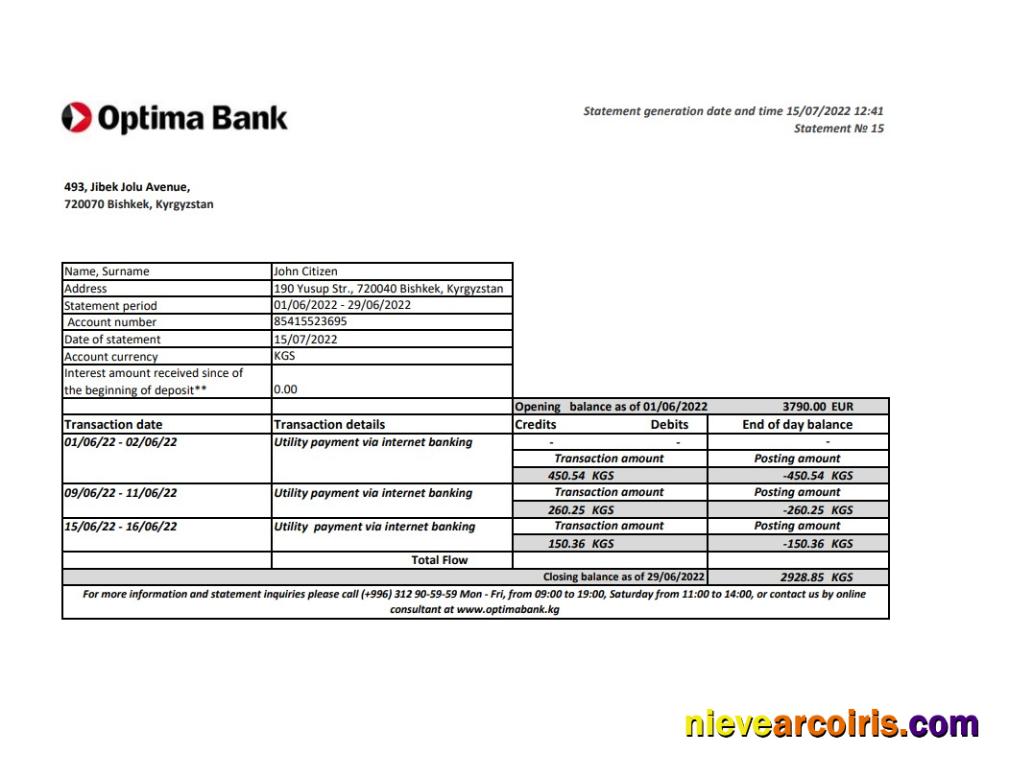 Kyrgyzstan Optima Bank statement xls